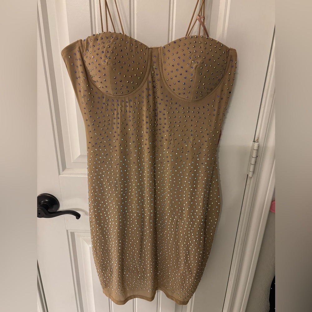 Haute Monde Bling Beige Dress with rhinestone Details
